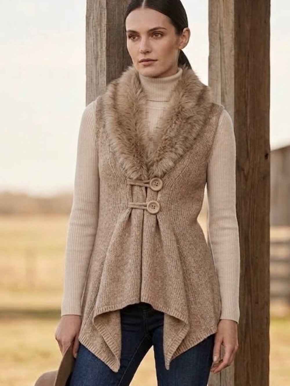 Fur Collar Knit Sweater West M Tan Wool Blend Boho Old Money Cozy
